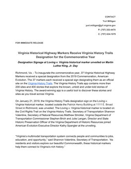 Virginia Historical Highway Markers Receive Virginia History Trails Designation for the Commemorative Year Designation Signage at Loving V