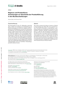 Regieren Und Protokollieren. Anmerkungen Zur Geschichte Der Protokollführung in Den Bundesratssitzungen