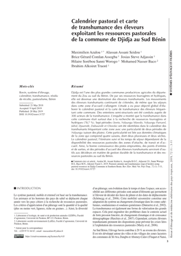 Calendrier Pastoral Et Carte De Transhumance Des Éleveurs Exploitant Les Ressources Pastorales De La Commune De Djidja Au Sud Bénin