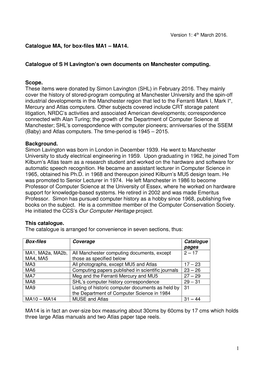 1 Catalogue MA, for Box-Files MA1 – MA14