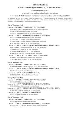 OBWIESZCZENIE GMINNEJ KOMISJI WYBORCZEJ W STAWIGUDZIE Z Dnia 3 Listopada 2010 R