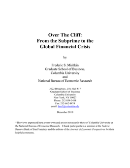 Over the Cliff: from the Subprime to the Global Financial Crisis