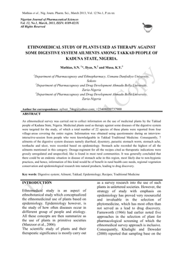 Ethnomedical Study of Plants Used As Therapy Against Some Digestive System Ailments Among Takkad People of Kaduna State, Nigeria