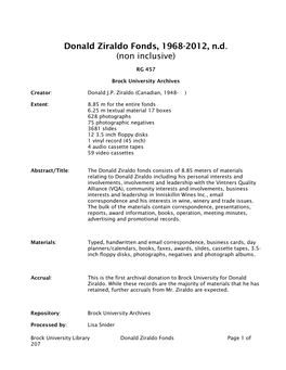 Donald Ziraldo Fonds, 1968-2012, N.D. (Non Inclusive)