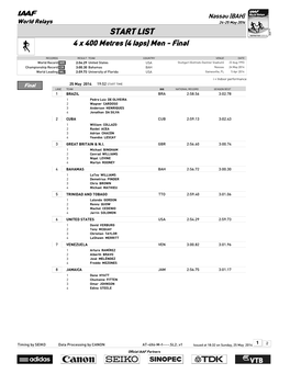 START LIST 4 X 400 Metres (4 Laps) Men - Final