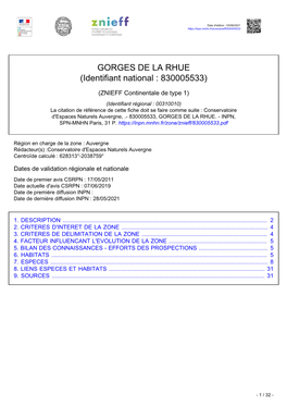 GORGES DE LA RHUE (Identifiant National : 830005533)