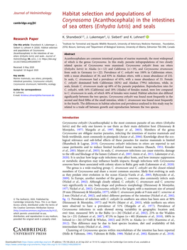 Habitat Selection and Populations of Corynosoma (Acanthocephala) in the Intestines Cambridge.Org/Jhl of Sea Otters (Enhydra Lutris) and Seals