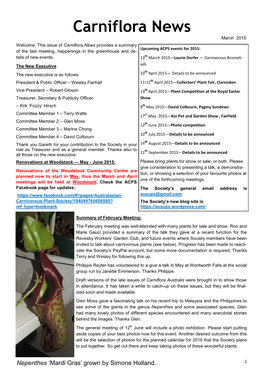 Carniflora News March 2015 Welcome