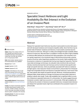 Specialist Insect Herbivore and Light Availability Do Not Interact in the Evolution of an Invasive Plant