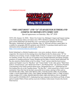 “THE LOST BOYS” and “24” STAR KIEFER SUTHERLAND COMING to MOTOR CITY COMIC CON Special Appearance on Saturday, May 16Th 2020