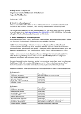 Nottinghamshire County Council Allegations of Historical Child Abuse in Nottinghamshire Frequently Asked Questions