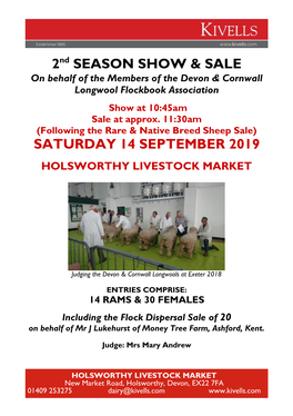 2Nd SEASON SHOW & SALE SATURDAY 14 SEPTEMBER 2019