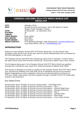 Chengdu Airlines 2019 Ittf Men's World Cup Media