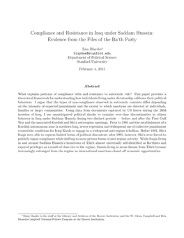 Compliance and Resistance in Iraq Under Saddam Hussein: Evidence from the Files of the Ba‘Th Party