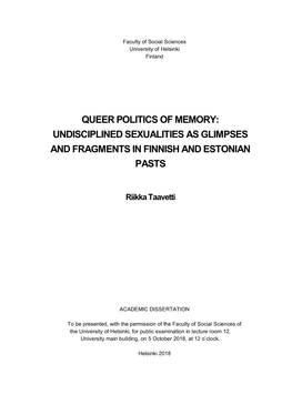 Queer Politics of Memory: Undisciplined Sexualities As Glimpses and Fragments in Finnish and Estonian Pasts