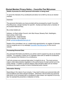Elected Member Privacy Notice – Councillor Paul Mclennan Details of Process for Which Personal Information Is Being Used