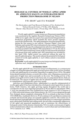 Biological Control of Woolly Apple Aphid by Aphelinus Mali in an Integrated Fruit Production Programme in Nelson