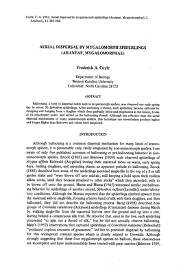 Aerial Dispersal by Mygalomorph Spiderlings (Araneae, Mygalomorphae)