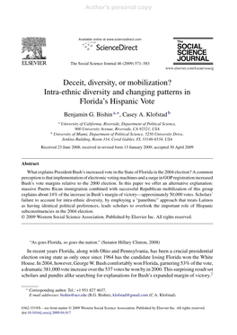 Intra-Ethnic Diversity and Changing Patterns in Florida's Hispanic Vote