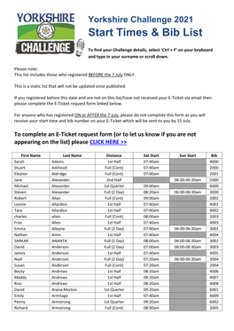 Start Times & Bib List