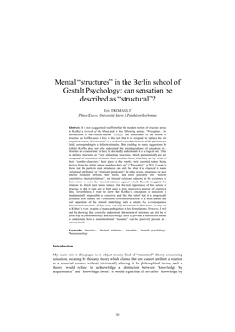 Mental “Structures” in the Berlin School of Gestalt Psychology: Can Sensation Be Described As “Structural”?