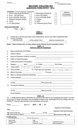 Military College Sui Admission Form Entry: 2019