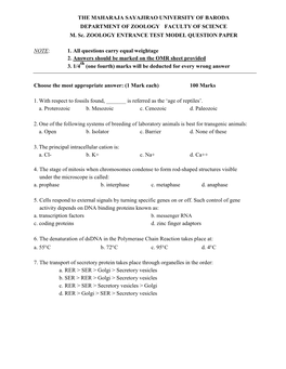 The Maharaja Sayajirao University of Baroda Department of Zoology Faculty of Science M