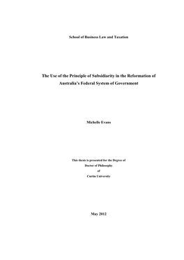 The Use of the Principle of Subsidiarity in the Reformation of Australia’S Federal System of Government