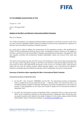 TO the MEMBER ASSOCIATIONS of FIFA Circular No. 1727 Zurich