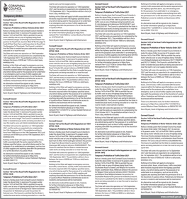 Temporary Orders Notice Is Hereby Given That Cornwall Council Intends to the Permission of Or at the Discretion of a Police Officer
