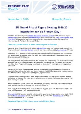 ISU Grand Prix of Figure Skating 2019/20 Internationaux De France, Day 1
