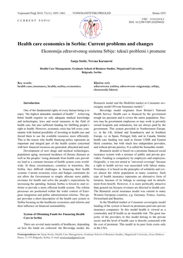 Health Care Economics in Serbia: Current Problems and Changes Ekonomija Zdravstvenog Sistema Srbije: Tekući Problemi I Promene