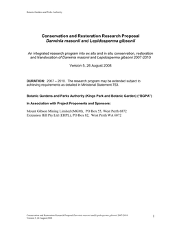 Conservation and Restoration Research Proposal Darwinia Masonii and Lepidosperma Gibsonii