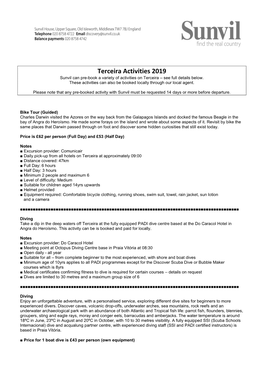 Terceira Activities 2019 Sunvil Can Pre-Book a Variety of Activities on Terceira – See Full Details Below