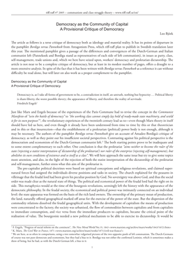 Democracy As the Community of Capital a Provisional Critique of Democracy Leo Björk