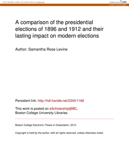 A Comparison of the Presidential Elections of 1896 and 1912 and Their Lasting Impact on Modern Elections