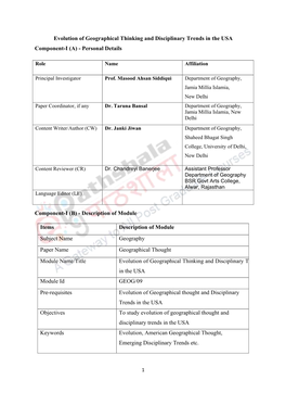 Evolution of Geographical Thinking and Disciplinary Trends in the USA Component-I (A) - Personal Details