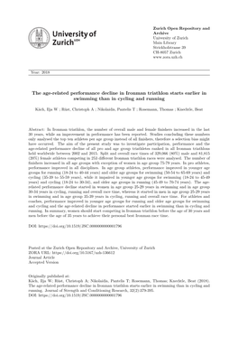 The Age-Related Performance Decline in Ironman Triathlon Starts Earlier in Swimming Than in Cycling and Running