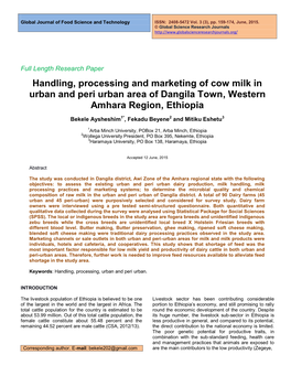 Handling, Processing and Marketing of Cow Milk in Urban and Peri Urban Area of Dangila Town, Western Amhara Region, Ethiopia