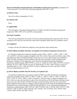 2013-16-10 Hamilton Standard Division and Hamilton Sundstrand Corporation: Amendment 39- 17548; Docket No