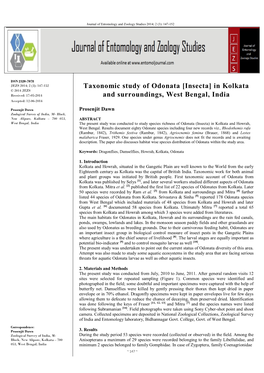 Taxonomic Study of Odonata [Insecta] in Kolkata © 2014 JEZS Received: 17-05-2014 and Surroundings, West Bengal, India Accepted: 12-06-2014