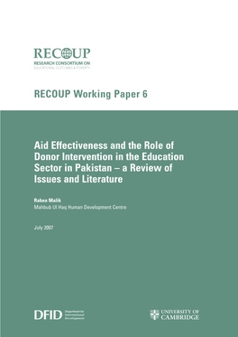 Aid Effectiveness and the Role of Donor Intervention in the Education Sector in Pakistan – a Review of Issues and Literature