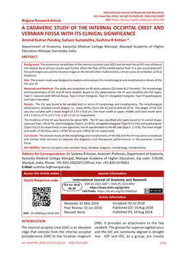 A CADAVERIC STUDY of the INTERNAL OCCIPITAL CREST and VERMIAN FOSSA with ITS CLINICAL SIGNIFICANCE Arvind Kumar Pandey, Suhani Sumalatha, Sushma R Kotian *