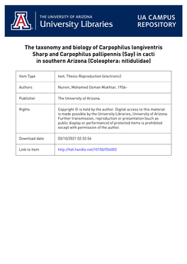 The Taxonomy and Biology of Carpophilus Longiventris Sharp and Carpophilus Pallipennis (Say) in Cacti in Southern Arizona (Coleoptera: Nitidulidae)