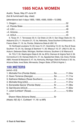 1985 NCAA WOMEN Austin, Texas, May 27–June 01 (Hot & Humid Each Day, Clear) (Attendance Last 4 Days 1000, 1000, 4500, 5500—12,000) 1