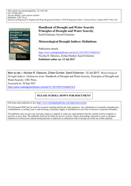 Handbook of Drought and Water Scarcity Principles of Drought and Water Scarcity Meteorological Drought Indices: Definitions