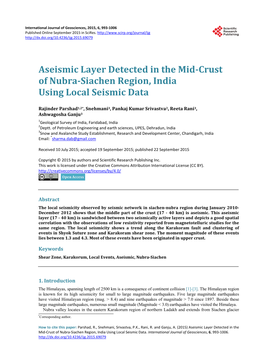 Aseismic Layer Detected in the Mid-Crust of Nubra-Siachen Region, India Using Local Seismic Data