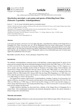 Sinorhodeus Microlepis, a New Genus and Species of Bitterling from China (Teleostei: Cyprinidae: Acheilognathinae)