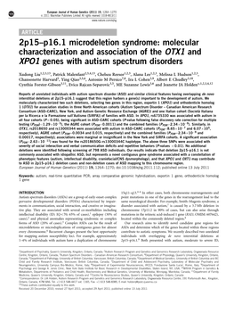 P16.1 Microdeletion Syndrome: Molecular Characterization and Association of the OTX1 and XPO1 Genes with Autism Spectrum Disorders