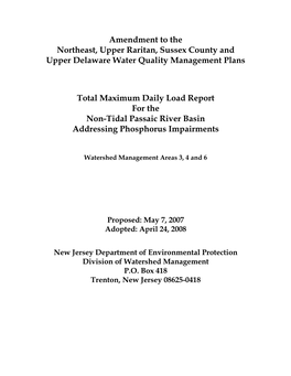 Total Maximum Daily Load Report for the Non-Tidal Passaic River Basin Addressing Phosphorus Impairments